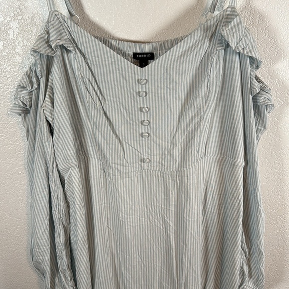 Torrid Blue Stripe Ruffle Shoulder Milkmaid Mini Dress Smocked Back Size 3X - Picture 2 of 9